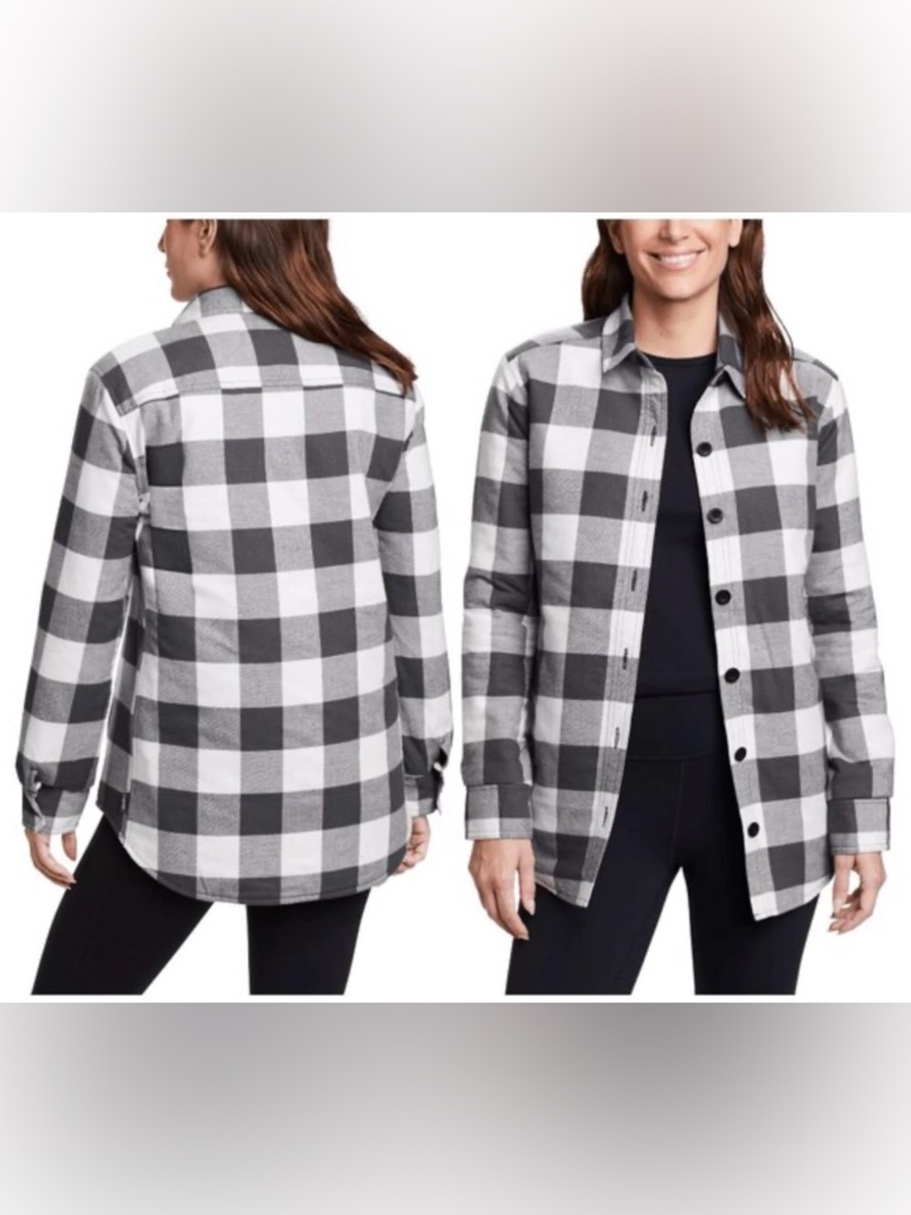 Eddie Bauer Gray and White Quilted Flannel Button-Down Jacket